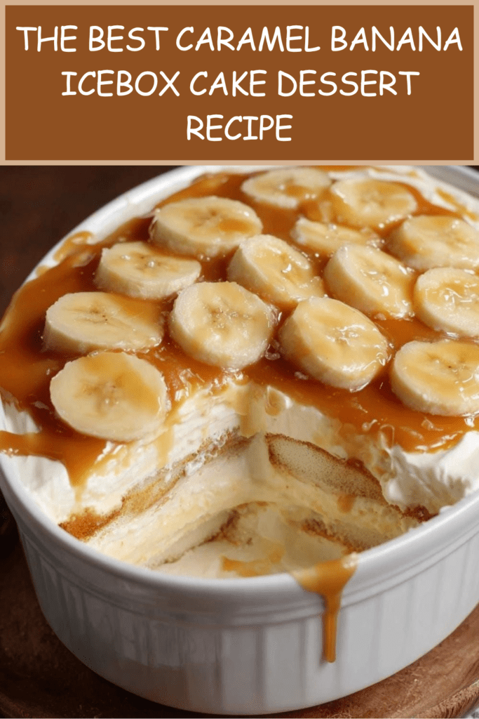 A rectangular baking dish showing layers of soft cookies, fluffy white cream, and sliced bananas, all topped with a generous drizzle of glossy golden caramel sauce.