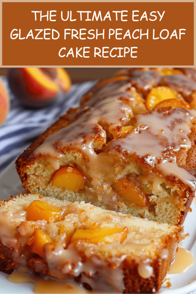 A golden brown peach loaf cake resting on a wire rack, topped with fresh peach slices and covered in a thick white glaze dripping down the sides.