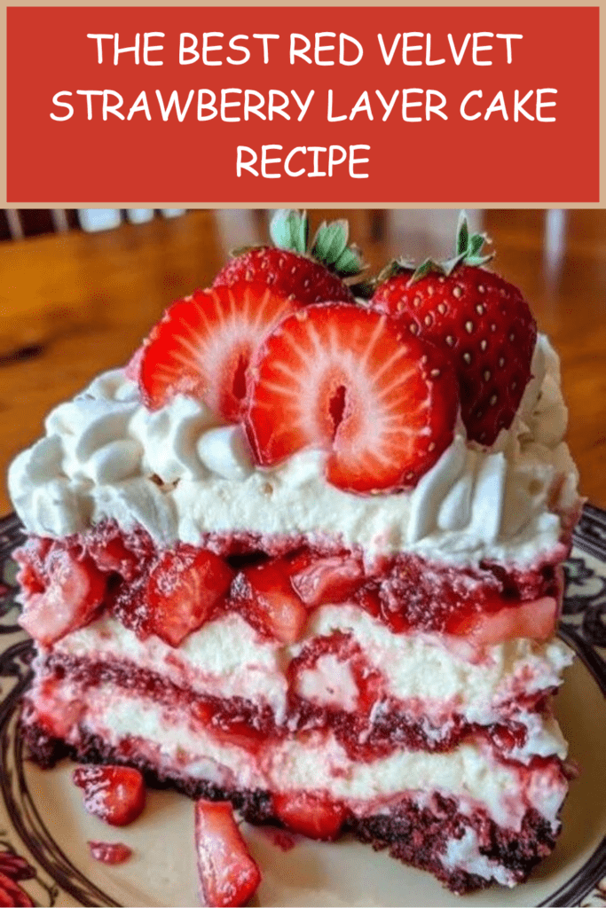 A spectacular four-layer red velvet cake filled with bright white cream cheese frosting and sliced strawberries, displayed elegantly on a glass cake stand.