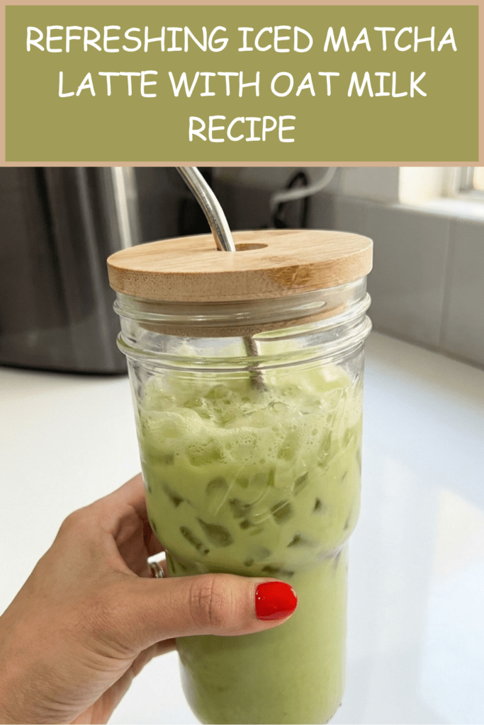 A tall mason jar filled with creamy iced matcha latte made with oat milk and nugget ice. The vibrant green matcha layer swirls beautifully through the milk, creating a marbled effect. The drink is served with a metal straw and lid, making it a refreshing and aesthetic homemade beverage.