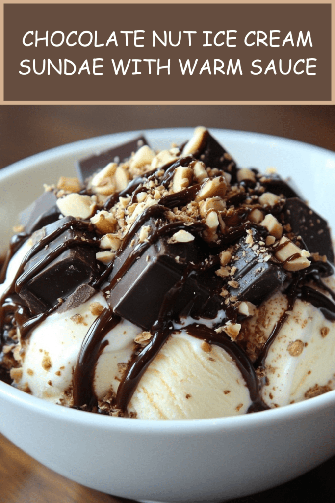 Chocolate nut ice cream sundae with vanilla ice cream, warm chocolate sauce, toasted nuts, chocolate chunks, whipped cream, and caramel drizzle.