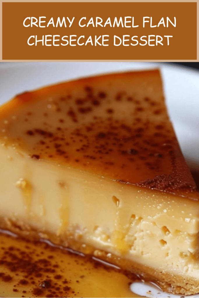 Creamy caramel flan cheesecake served cold with glossy caramel dripping over the top, a biscuit crust layer, and smooth cheesecake filling.