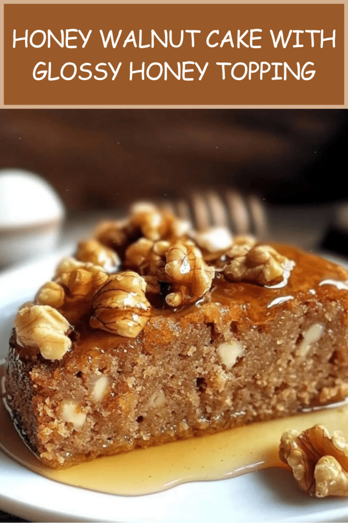 Honey walnut cake topped with glossy honey glaze and walnut halves, sliced on a plate with a moist nutty crumb and golden topping.