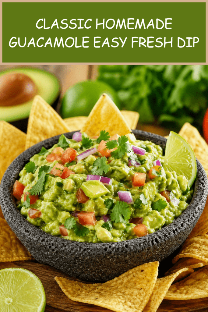 Classic homemade guacamole served in a bowl with ripe avocado, diced tomato, red onion, cilantro, lime wedges, and tortilla chips.