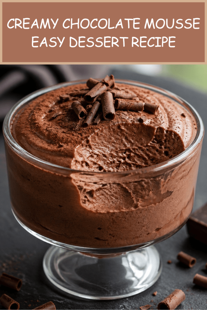 Creamy chocolate mousse served in glasses with cocoa powder, chocolate curls, whipped cream, and a smooth airy chocolate texture.