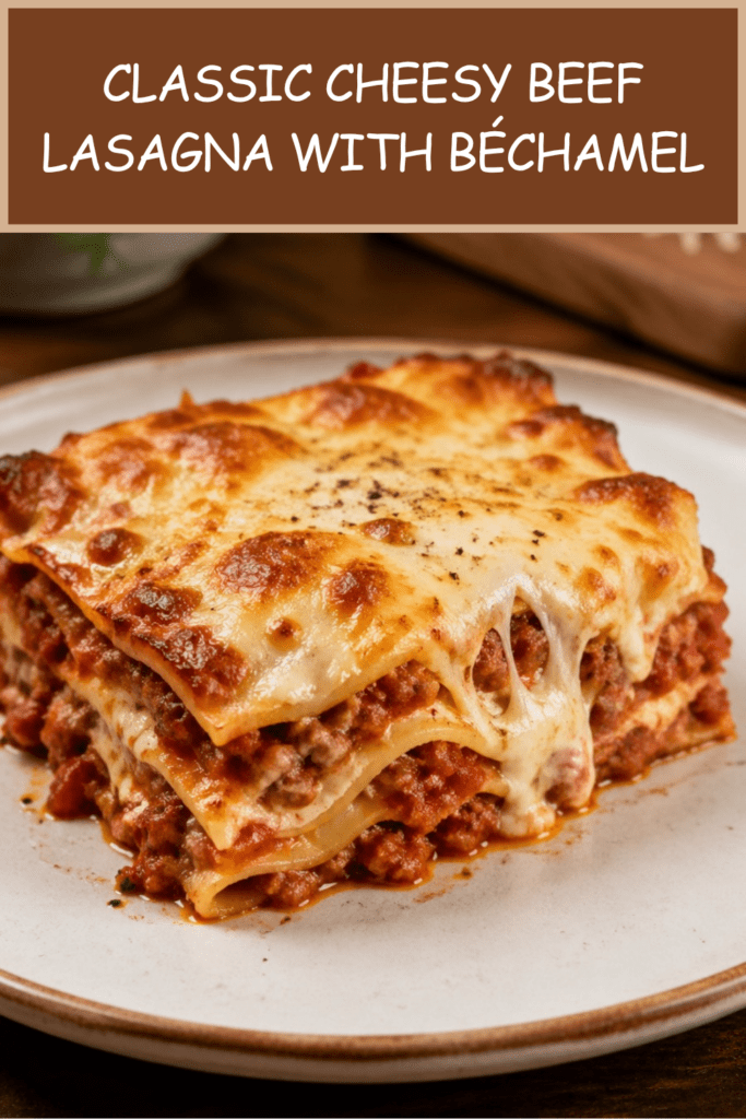 Classic cheesy beef lasagna sliced into layers with rich beef tomato sauce, creamy béchamel, melted mozzarella, parmesan, and parsley.