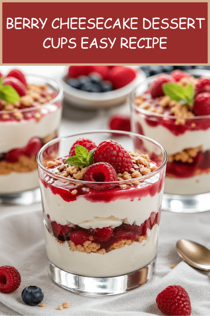 Berry cheesecake dessert cups layered with cream cheese filling, biscuit crumbs, raspberry blueberry sauce, fresh berries, and mint leaves.