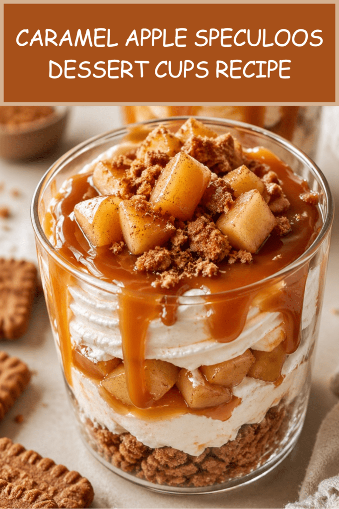 Caramel apple speculoos dessert cups layered with mascarpone cream, caramelized cinnamon apples, crushed Biscoff cookies, and caramel sauce.