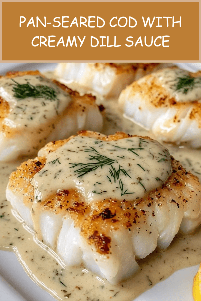 Pan-seared cod fillets served with creamy dill sauce, lemon wedges, fresh dill, black pepper, and roasted potatoes on the side.