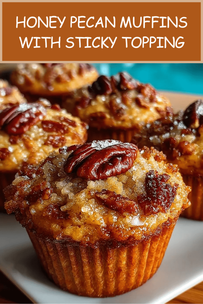 Honey pecan muffins with a sticky pecan topping, golden muffin crumb, glossy honey drizzle, and chopped pecans served with coffee.