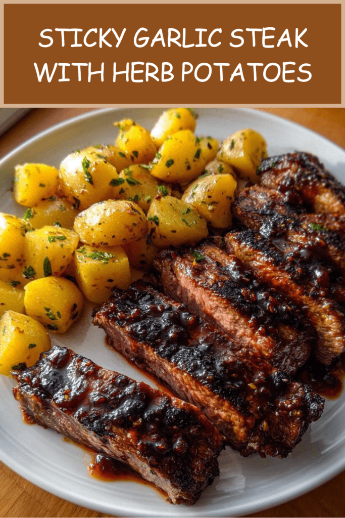 Sticky garlic steak slices served with golden herb potatoes, glossy honey garlic sauce, fresh parsley, and crispy potato edges.
