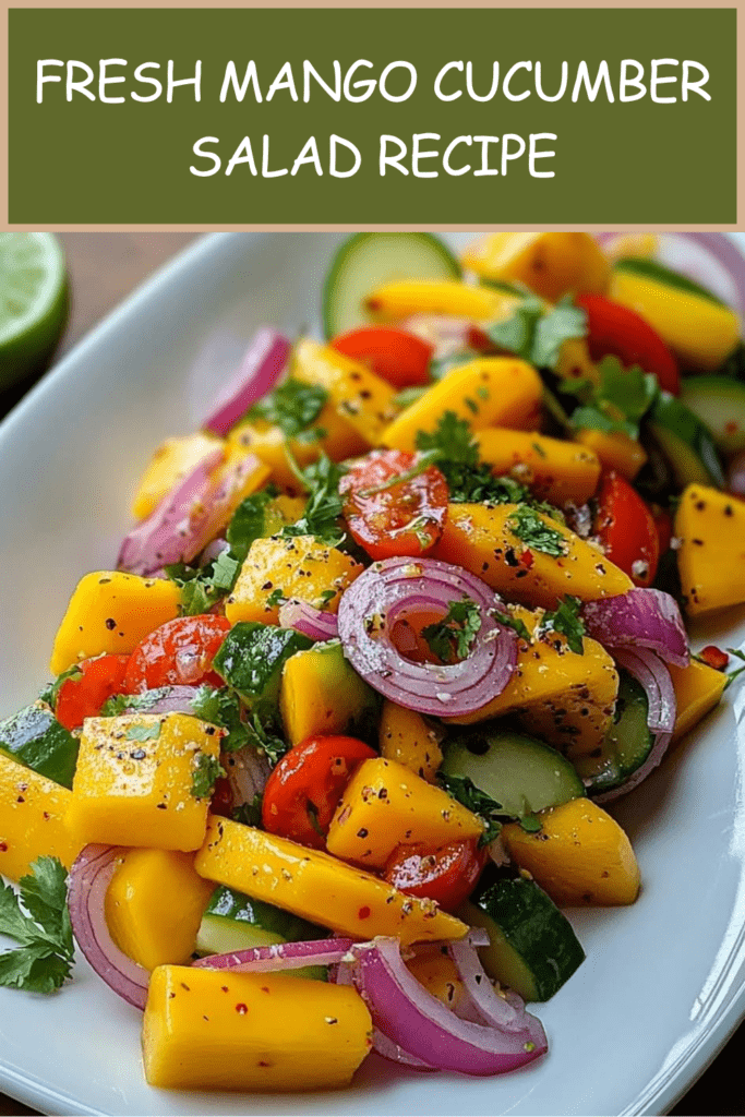 Fresh mango cucumber salad with ripe mango cubes, cucumber, cherry tomatoes, red onion, cilantro, lime dressing, and chili flakes.