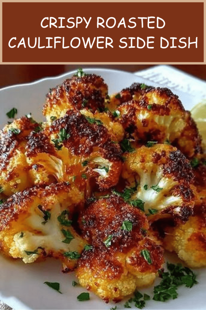 Crispy roasted cauliflower florets served golden with parmesan, garlic, paprika, fresh parsley, lemon juice, and crispy roasted edges.