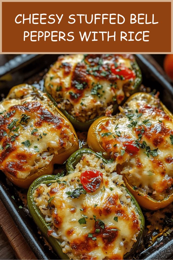 Cheesy stuffed bell peppers filled with rice, ground meat, cherry tomatoes, mozzarella, parmesan, and fresh parsley baked until golden.