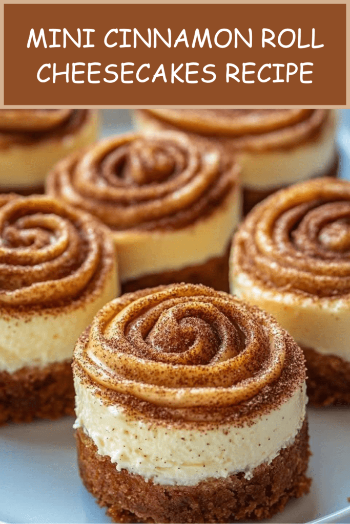 Mini cinnamon roll cheesecakes with a cinnamon swirl, buttery biscuit crust, creamy cheesecake filling, and caramel drizzle on top.