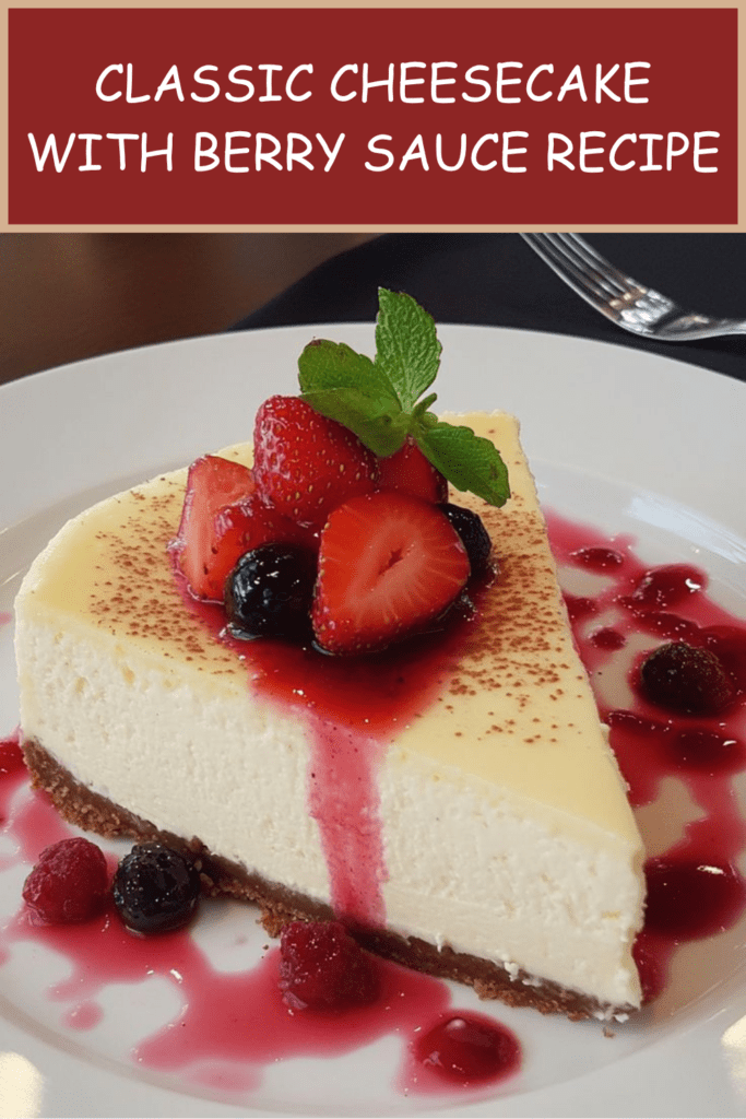 Classic cheesecake topped with homemade berry sauce, fresh strawberries, blueberries, raspberries, mint leaves, and a buttery biscuit crust.