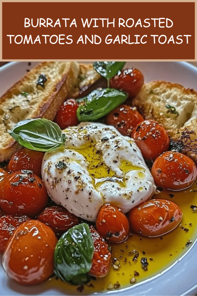 Burrata served with roasted cherry tomatoes, garlic toast, fresh basil, olive oil, flaky sea salt, and black pepper on a plate.