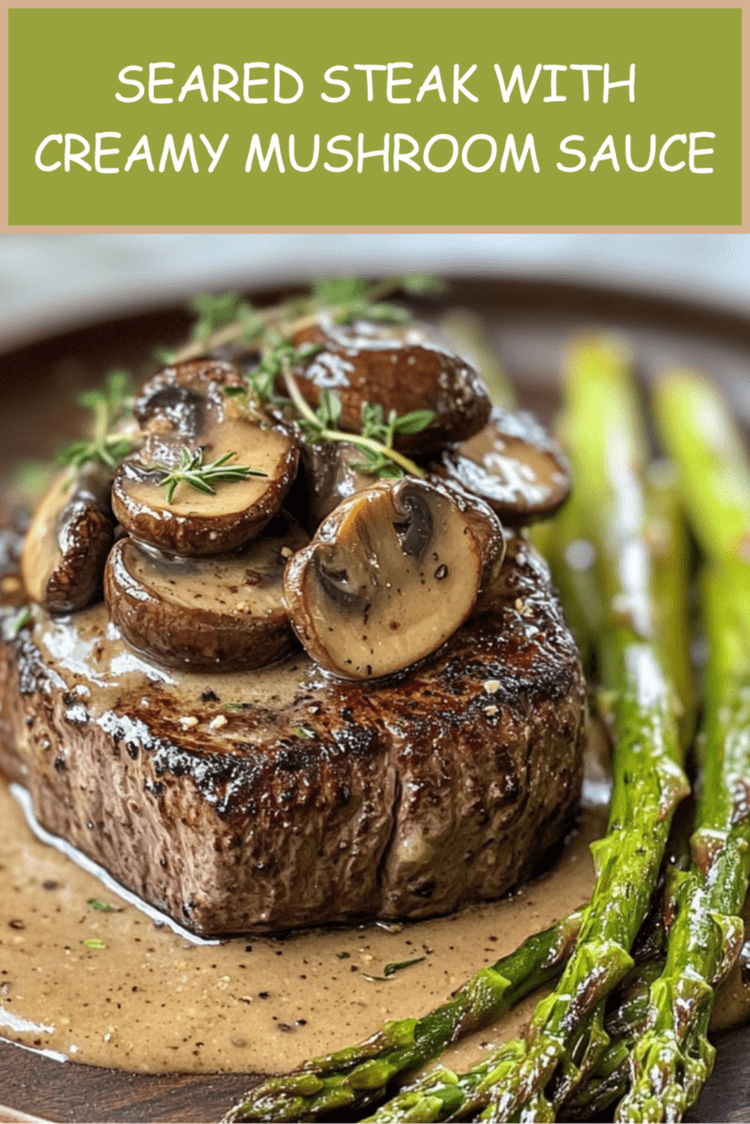 Seared steak served with creamy mushroom sauce, sautéed asparagus, fresh thyme, garlic butter, and cracked black pepper on a plate.