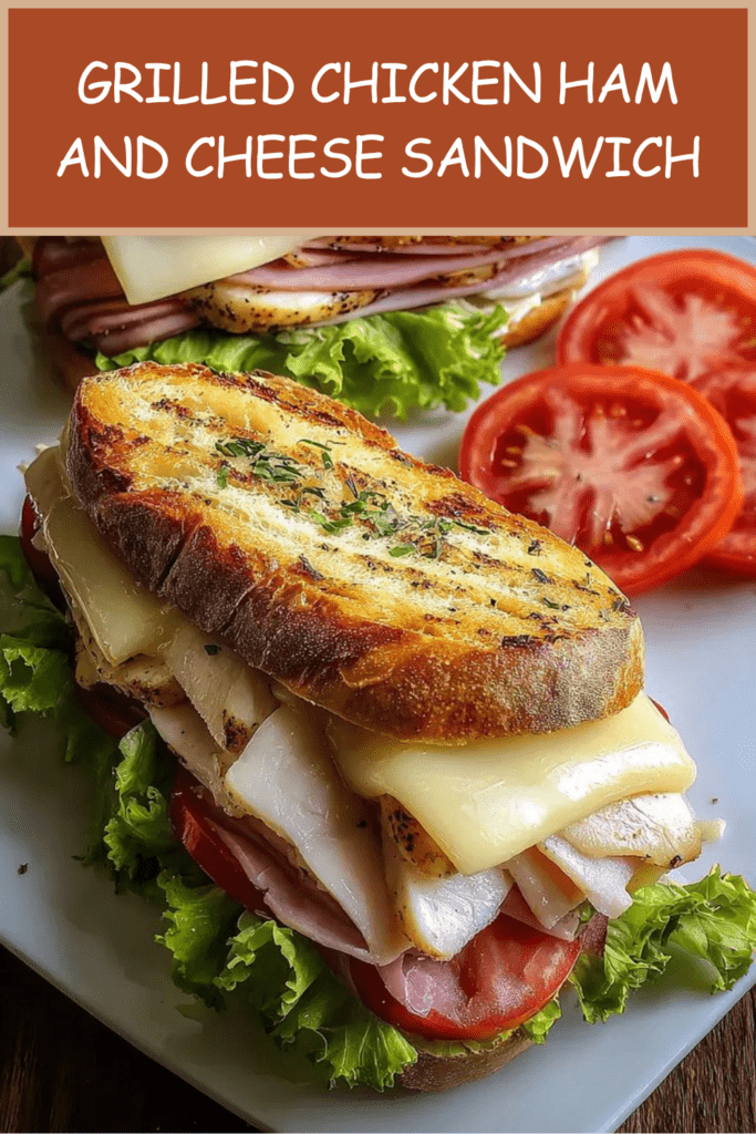 Grilled chicken ham and cheese sandwich with crispy sourdough bread, sliced chicken, ham, melted cheese, lettuce, tomato, and sauce.