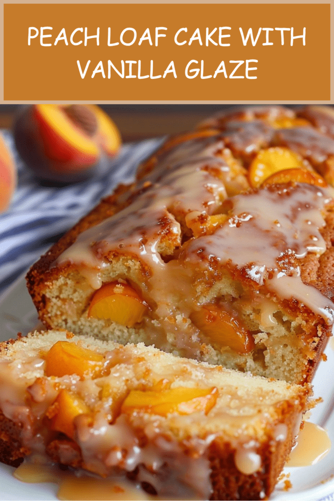 Peach loaf cake with vanilla glaze, sliced peaches on top, soft golden crumb, and diced peach pieces inside, served on a plate.