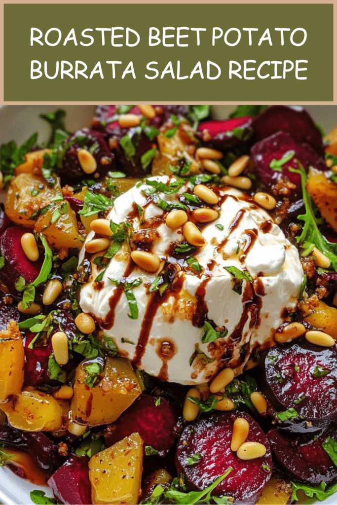 Roasted beet and potato burrata salad with arugula, creamy burrata, toasted pine nuts, balsamic glaze, parsley, and basil.