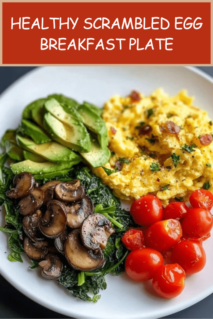 Healthy scrambled egg breakfast plate with creamy scrambled eggs, avocado slices, sautéed mushrooms, spinach, cherry tomatoes, parsley, and chili flakes.