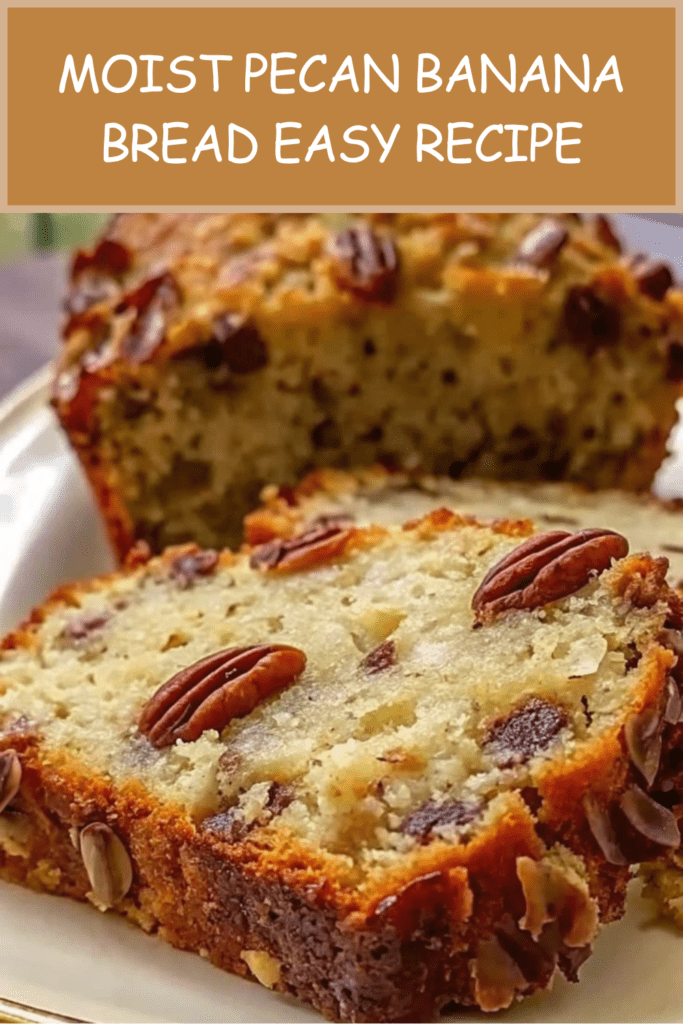 Moist pecan banana bread sliced on a plate with pecan halves on top, soft banana crumb, chopped pecans, and optional chocolate chips inside.