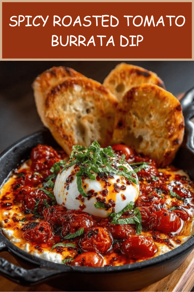 Spicy roasted tomato burrata dip served with blistered cherry tomatoes, creamy burrata, chili oil, fresh basil, and toasted garlic bread.