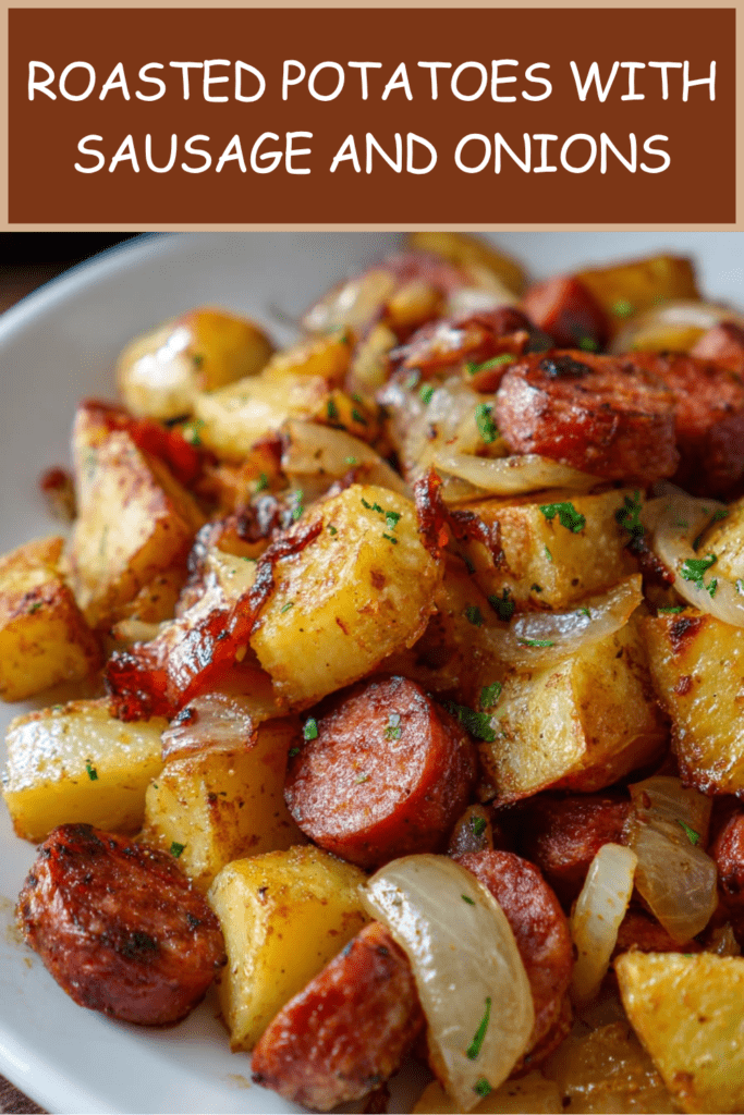 Roasted potatoes with sliced smoked sausage and onions served golden and crispy with garlic, paprika, herbs, and fresh parsley.