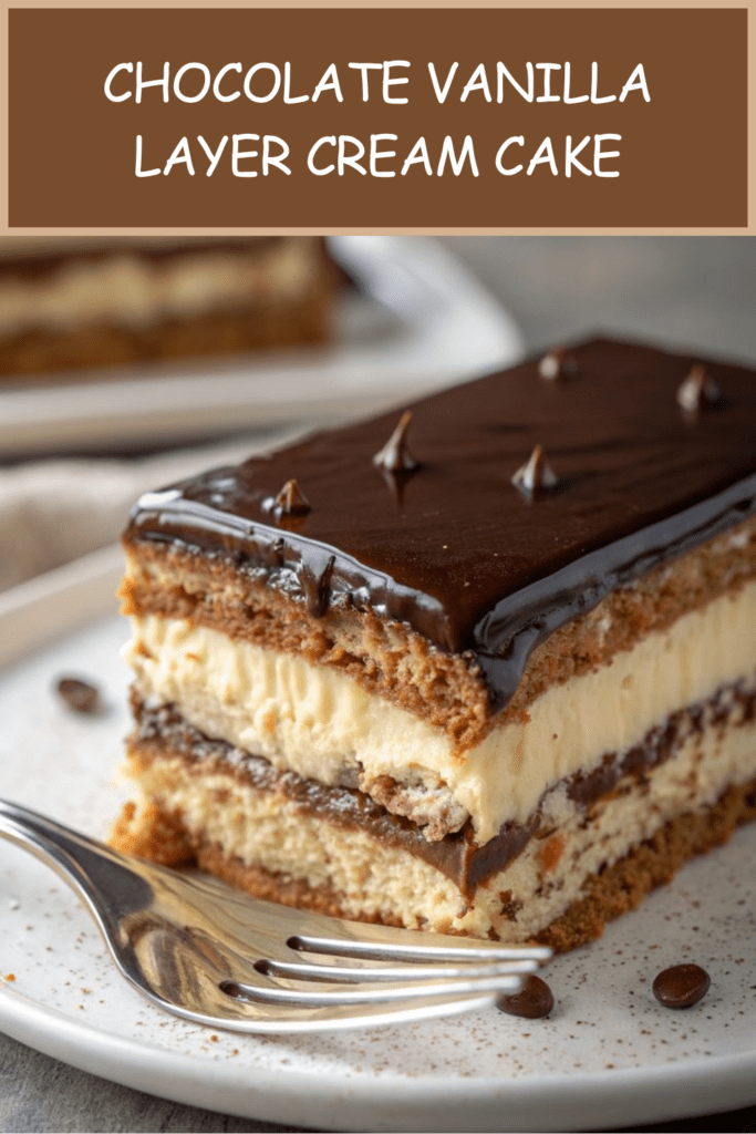 Chocolate vanilla layer cream cake with soft sponge layers, vanilla pastry cream, chocolate cream, glossy ganache, and clean rectangular slices.