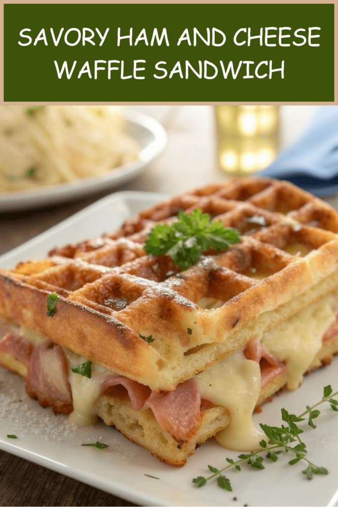 Savory ham and cheese waffle sandwich with golden crispy waffles, melted cheese, sliced ham, parsley, cherry tomatoes, and green salad.