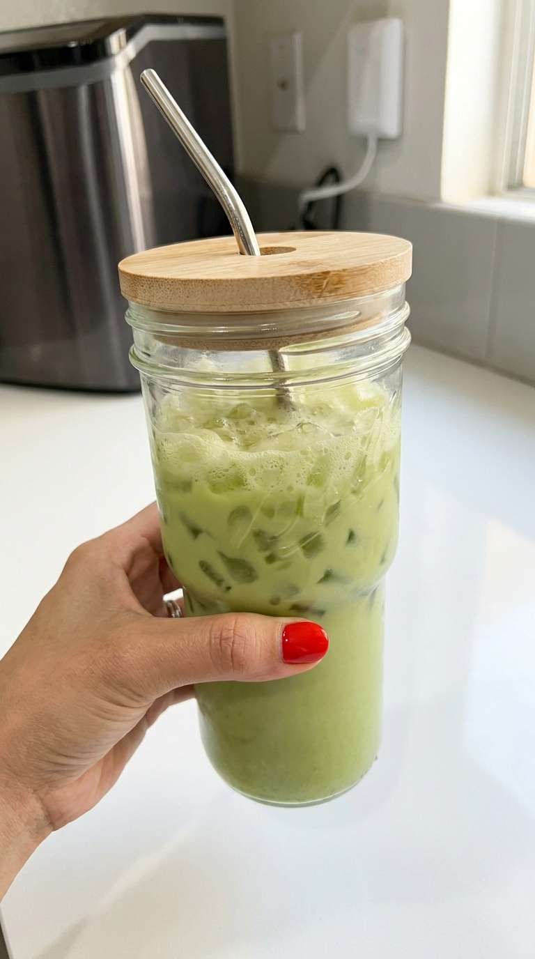 A tall mason jar filled with creamy iced matcha latte made with oat milk and nugget ice. The vibrant green matcha layer swirls beautifully through the milk, creating a marbled effect. The drink is served with a metal straw and lid, making it a refreshing and aesthetic homemade beverage.