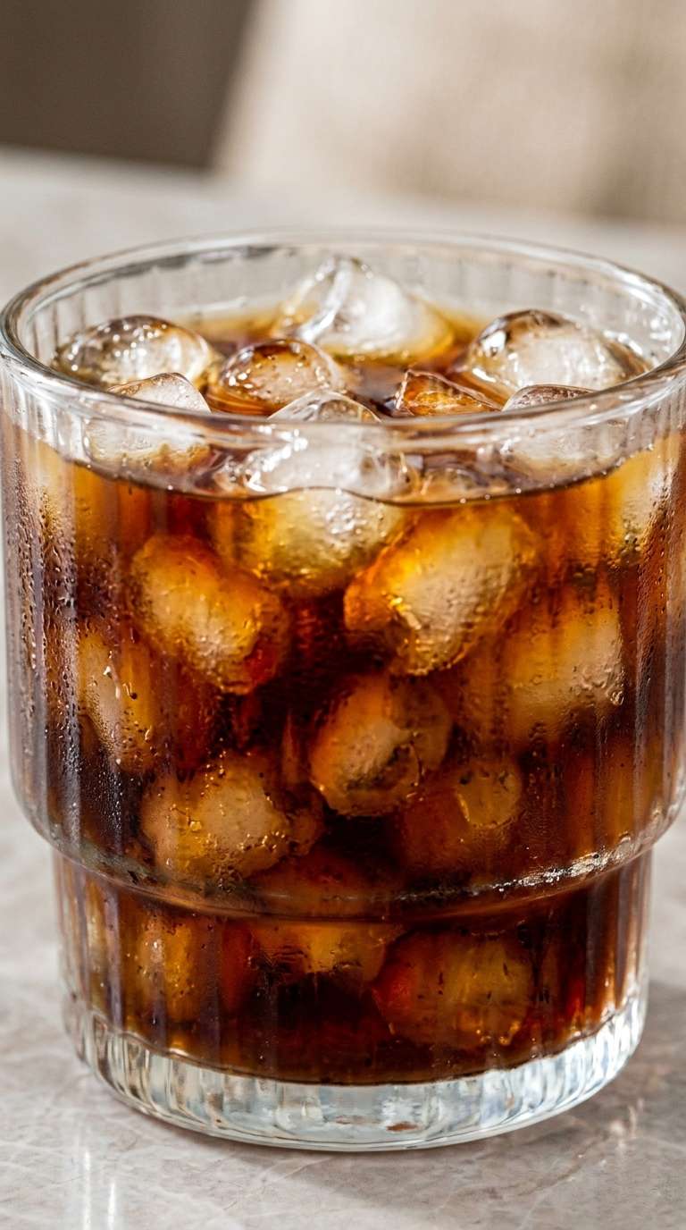 A ribbed glass tumbler filled with bullet-shaped ice cubes and freshly poured iced espresso coffee. The dark coffee cascades over the ice, creating beautiful swirling patterns in a clear aesthetic glass, served as a refreshing homemade cold coffee beverage.