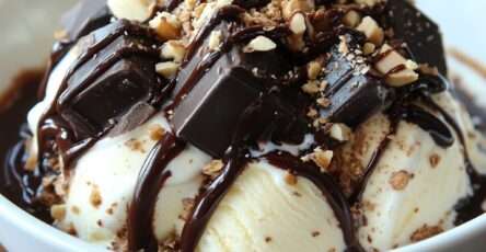 Chocolate nut ice cream sundae with vanilla ice cream, warm chocolate sauce, toasted nuts, chocolate chunks, whipped cream, and caramel drizzle.