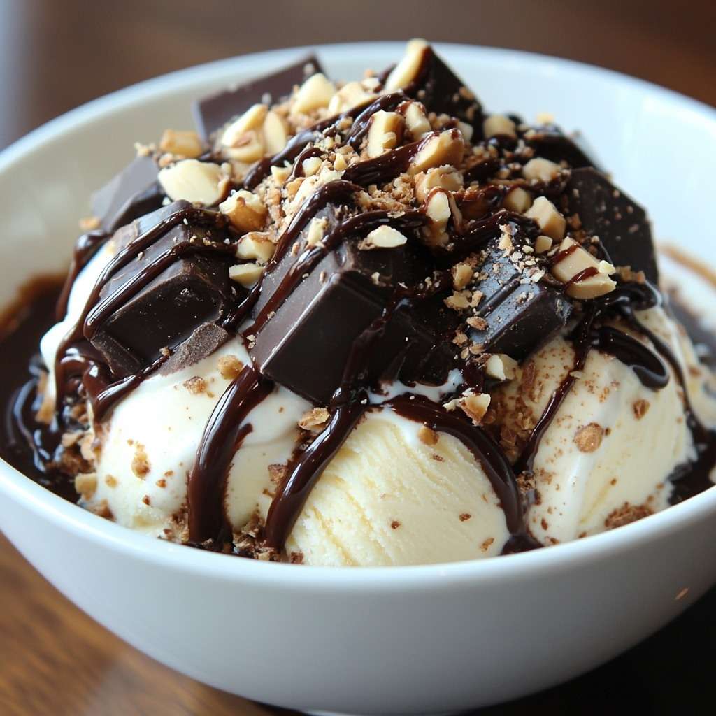 Chocolate nut ice cream sundae with vanilla ice cream, warm chocolate sauce, toasted nuts, chocolate chunks, whipped cream, and caramel drizzle.