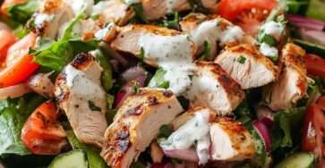 Grilled chicken salad with sliced chicken breast, romaine lettuce, tomatoes, cucumber, red onion, fresh herbs, and creamy herb dressing.