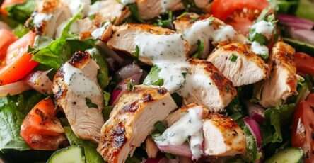 Grilled chicken salad with sliced chicken breast, romaine lettuce, tomatoes, cucumber, red onion, fresh herbs, and creamy herb dressing.