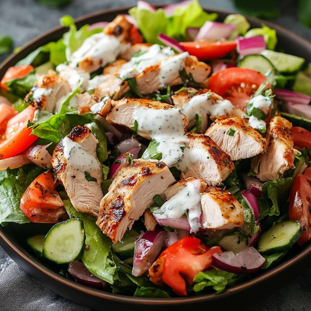 Grilled chicken salad with sliced chicken breast, romaine lettuce, tomatoes, cucumber, red onion, fresh herbs, and creamy herb dressing.