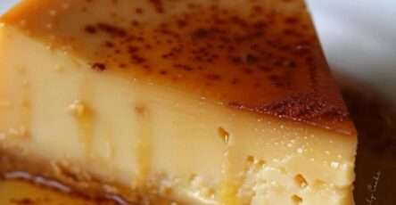 Creamy caramel flan cheesecake served cold with glossy caramel dripping over the top, a biscuit crust layer, and smooth cheesecake filling.