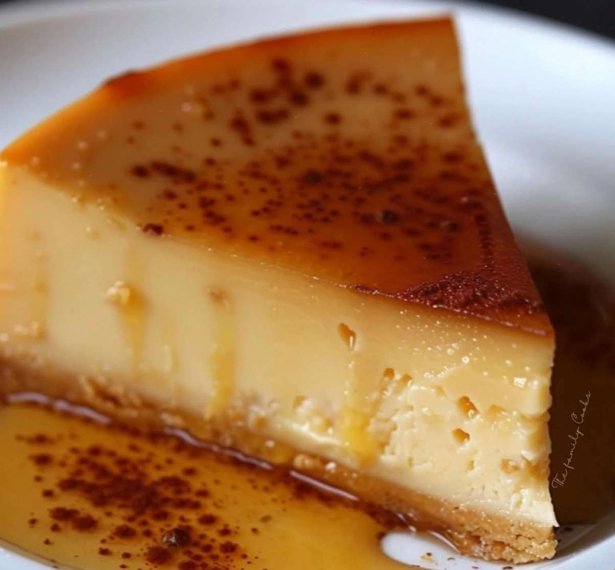 Creamy caramel flan cheesecake served cold with glossy caramel dripping over the top, a biscuit crust layer, and smooth cheesecake filling.