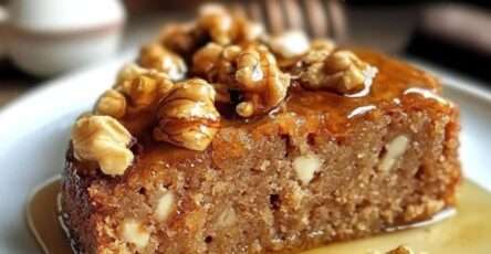 Honey walnut cake topped with glossy honey glaze and walnut halves, sliced on a plate with a moist nutty crumb and golden topping.