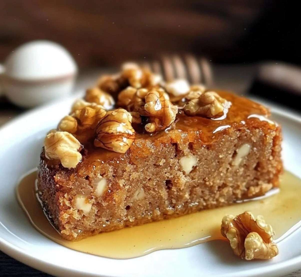 Honey walnut cake topped with glossy honey glaze and walnut halves, sliced on a plate with a moist nutty crumb and golden topping.