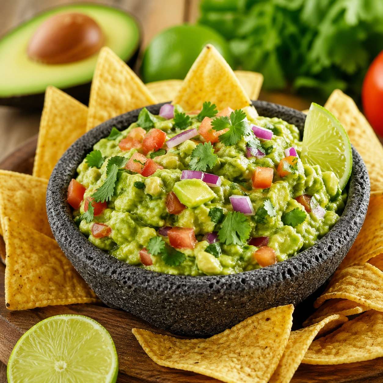 Classic homemade guacamole served in a bowl with ripe avocado, diced tomato, red onion, cilantro, lime wedges, and tortilla chips.