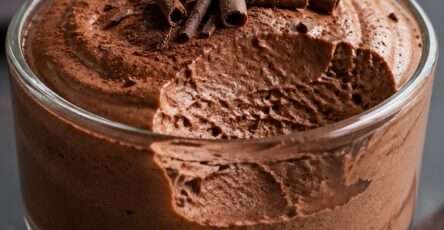 Creamy chocolate mousse served in glasses with cocoa powder, chocolate curls, whipped cream, and a smooth airy chocolate texture.