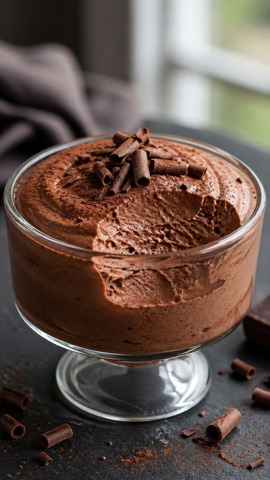 Creamy chocolate mousse served in glasses with cocoa powder, chocolate curls, whipped cream, and a smooth airy chocolate texture.