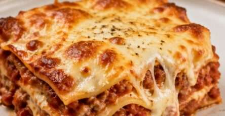 Classic cheesy beef lasagna sliced into layers with rich beef tomato sauce, creamy béchamel, melted mozzarella, parmesan, and parsley.