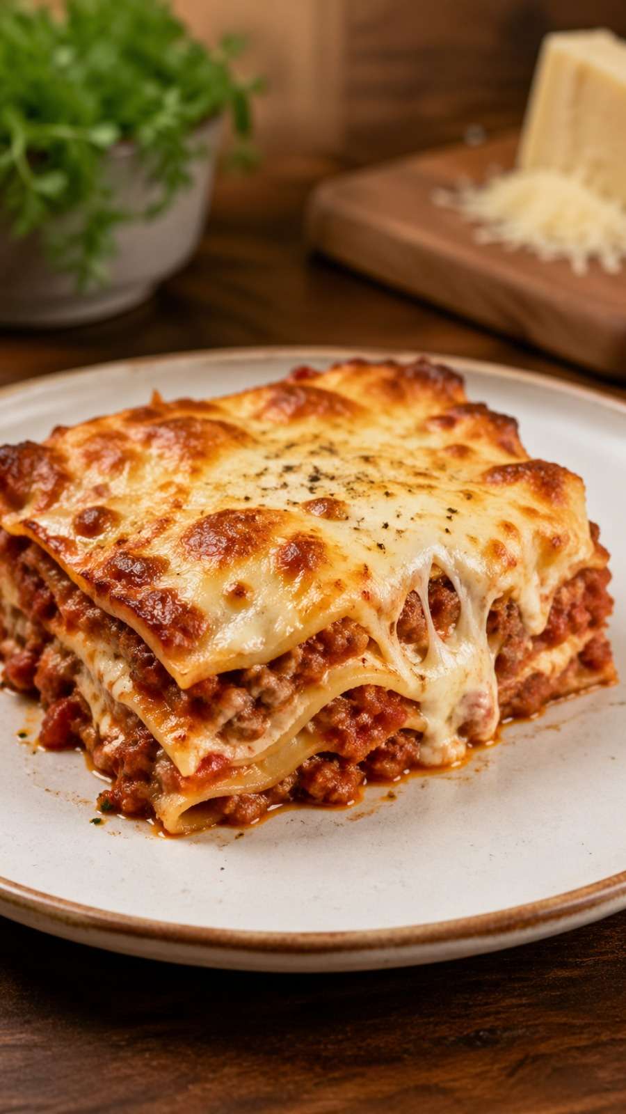 Classic cheesy beef lasagna sliced into layers with rich beef tomato sauce, creamy béchamel, melted mozzarella, parmesan, and parsley.