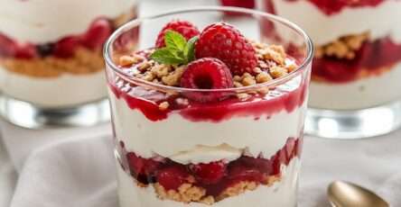 Berry cheesecake dessert cups layered with cream cheese filling, biscuit crumbs, raspberry blueberry sauce, fresh berries, and mint leaves.