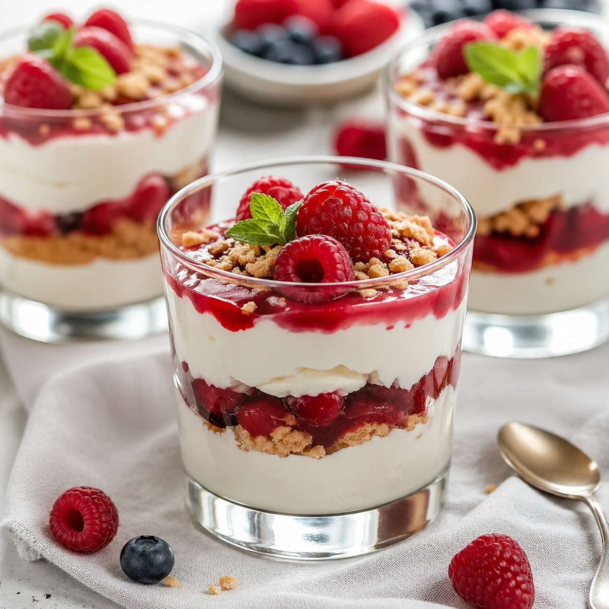 Berry cheesecake dessert cups layered with cream cheese filling, biscuit crumbs, raspberry blueberry sauce, fresh berries, and mint leaves.