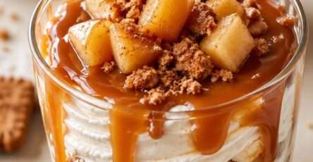 Caramel apple speculoos dessert cups layered with mascarpone cream, caramelized cinnamon apples, crushed Biscoff cookies, and caramel sauce.